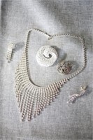 Rhinestone Necklace, Brooch & Earring Set