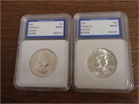 2 Ben Franklin Silver Half Dollars 1957 & 1960