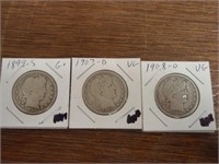 3 Silver Barber Quarters - 1899-S, 1907-D, 1908-O