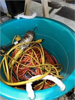 Bucket and extension cords and light