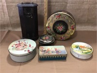 Decorative tins and 8 sided box with lid.