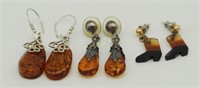 3 Pair Amber Rosin Glass Sterling Earrings