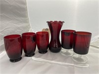 6 Pcs Ruby Red Glassware - 5 Tumblers & Vase