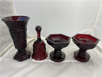 4 Pcs Avon Ruby Red Glassware- Bell incomplete