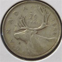 silver 1949 Canadian quarter