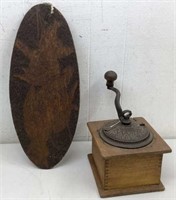 Arcade coffee grinder and wood picture carved or