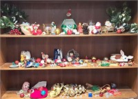 3 SHELVES OF ASSORTED CHRISTMAS DECOR ORNAMENTS