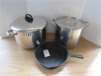Two Large Cooking Pots w/Lids - Cast Iron Skillet