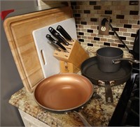 Cutting Boards, Pans, & Knife Block w/ Knives