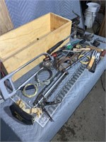 Shop built wooden toolbox, square, hacksaw,