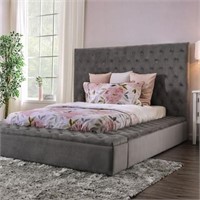 Grey Deep Tufted High Back Queen Bed with Storage