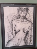 FRAMED LARGE CHARCOL DRAWING OF A FEMALE NUDE