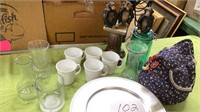 9 13” Chargers, 5 Corning USA cups, 4 glass