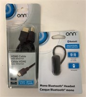 New onn Mono Bluetooth Headset & HDMI Cable