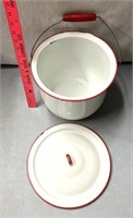 Red and white enamel are pail w/ lid