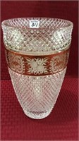 Diamond Cut Glass Vase w/ Gold Band