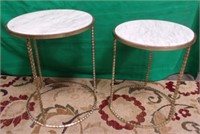 2 GOLD METAL TABLES WITH MARBLE TOPS