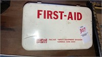 Old metal first aid kit w/hinged wall hanger