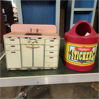Vintage Toy Tin Stove and bin filled w/ stickers