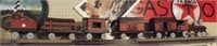 Six piece wood train set with engine and caboose.