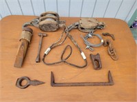 (2) Wood Block Pullies & Assorted Logging Tools