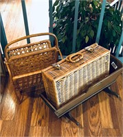 Rattan Mag Stand, Picnic Basket & HM Doll Cradle