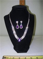Rhinestone/Purple Teardrop Stone Necklace/Earrings
