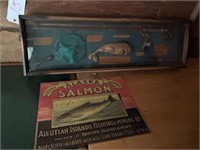 FISHING  DISPLAY CASE & METAL ALASKA SALMON SIGN