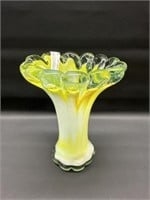 Vintage Clear & Yellow hand Blown glass vase 6"h