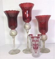 Cranberry Cut to Clear Vase & Candle Holders