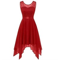 Solid Red Sleeveless Lace Party Dress - XL