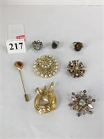 GROUP OF PIN BROOCHES RHINESTONES RED STONE