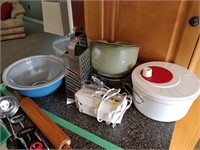 lot of bowls, mixer, containers, etc.
