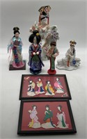 (F) Geisha Porcelain Figures, Dolls, and Framed