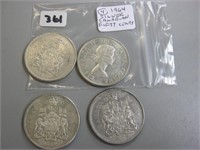 4 Canadian Silver 1964 Fifty Cents Coins