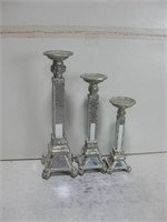 Three Mirrored Candle Holders Tallest 19"