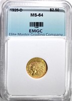 1925-D $2.50 GOLD INDIAN, EMGC CH/GEM BU