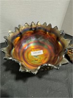 Carnival glass, two piece punch bowl