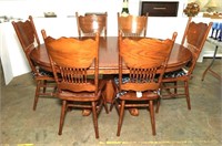 Oak Pedestal Dining Table with Leaf & Six Chairs