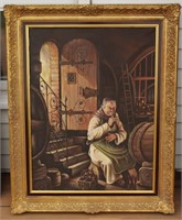 Large Vintage Framed Monk Drinking In Cellar