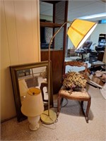 Sewing Rocker, Shelving Unit, Mirror, Lamps