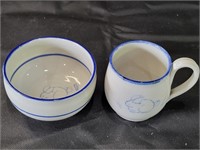 VTG Blue on Gray Child Bunny Pottery Cup & Bowl