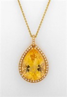 18K Yellow Gold Citrine Diamond Pendant Necklace