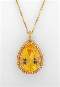 18K Yellow Gold Citrine Diamond Pendant Necklace