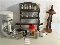 Black & Decker coffee maker; spice rack & towel