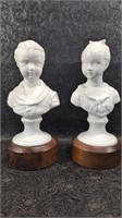 Ceramic Boy & Girl Busts On Wood Pedestal