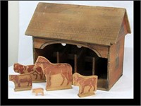 VINTAGE TOY WOOD BARN W/ ANIMALS