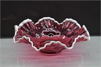 Fenton Cranberry Snowcrest Thumbprint Ruffled Bowl