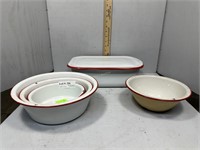 Five pcs red and white enamel ware including cover