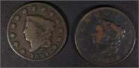 1819 FINE & 1821 VG+ LARGE CENTS